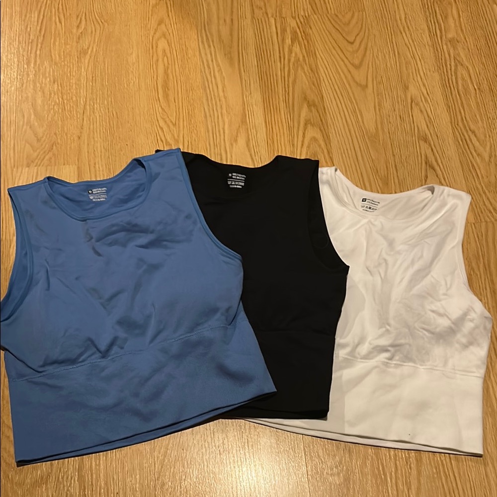 Women's Blue, Black, and White workout Tops with built in bra